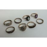 Eight 9 carat gem set rings. Approx. 19 grams. Est