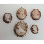 A group of five 9 carat framed oval cameos. Approx
