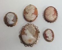 A group of five 9 carat framed oval cameos. Approx