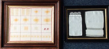 A framed and glazed Honiton lace sample sleeves to