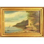 A framed oil on board depicting a waterside scene