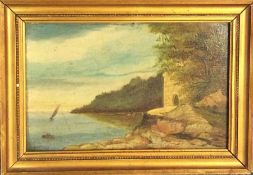 A framed oil on board depicting a waterside scene