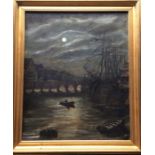 A gilt framed oil on canvas depicting tall ships a