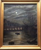 A gilt framed oil on canvas depicting tall ships a