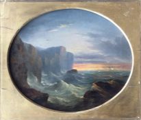 An oval oil on canvas depicting a rocky coastal sc