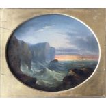 An oval oil on canvas depicting a rocky coastal sc