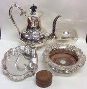 A silver plated water pot, coaster, tea caddy etc.