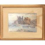 A framed and glazed watercolour depicting a ruined