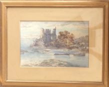 A framed and glazed watercolour depicting a ruined