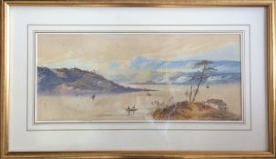 A framed and glazed watercolour depicting a mounta