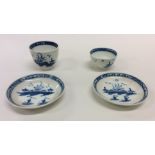 Two small Chinese tea bowls and saucers with blue