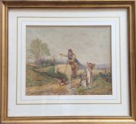 A framed and glazed watercolour depicting a man on