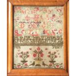 A maple framed sampler dated 1791. Approx. 34 cms