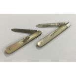 Two silver and MOP fruit knives with inlaid decora