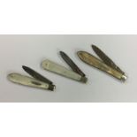 Three silver and MOP fruit knives with engraved de