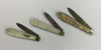 Three silver and MOP fruit knives with engraved de