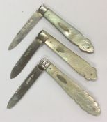 A group of three silver and MOP fruit knives with