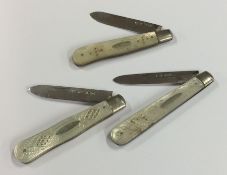 A group of three silver and MOP fruit knives. Vari