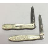 Two silver and MOP engraved fruit knives. Approx.