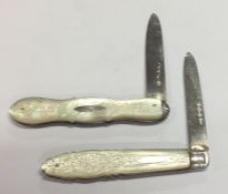 Two silver and MOP engraved fruit knives. Approx.