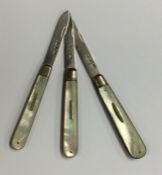 Three silver and MOP fruit knives with plain blade