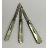 Three silver and MOP fruit knives with plain blade