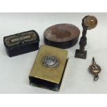 A papier-mâché snuff box together with a watch key