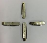 Four small silver and MOP fruit knives engraved wi