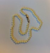 A string of pearl beads with 9 carat clasp. Approx