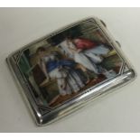 A good quality silver and enamel card case depicti