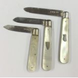 A group of three silver and MOP fruit knives. Appr