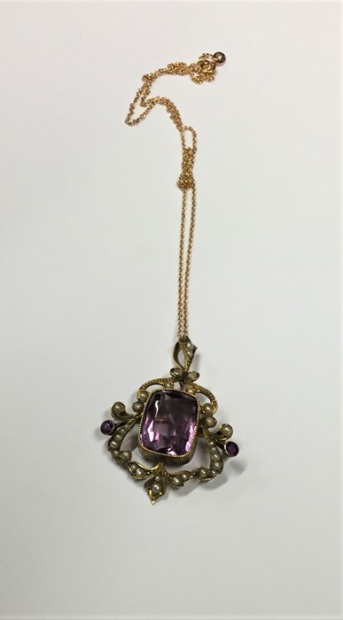 An amethyst and pearl pendant on fine link chain. - Image 2 of 2