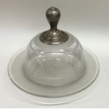 A Dutch etched glass butter dish with silver handl
