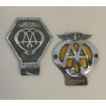 An old AA badge together with one other. Est. £20