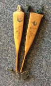 A pair of treen mounted fans in travelling case in