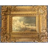 A gilt framed oil on board depicting rough seas an