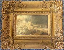 A gilt framed oil on board depicting rough seas an