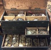 A box containing old watch maker's equipment, cloc