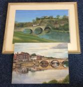 Two pictures depicting a bridge over water with bu