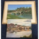 Two pictures depicting a bridge over water with bu