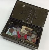 A box containing old coinage and medallions. Est.