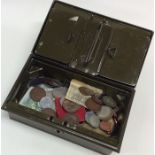 A box containing old coinage and medallions. Est.