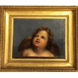 A gilt framed oil on canvas depicting a cherub. Ap