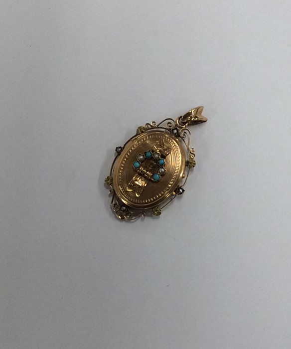 A Continental turquoise and pearl locket with flor