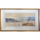 A framed and glazed watercolour depicting a mounta