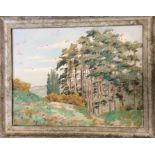 A framed oil on board depicting a wooded landscape