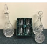 Three cut glass decanters together with whisky gob