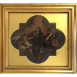 A gilt framed and glazed oil on tin depicting a re