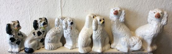A group of Staffordshire dogs in seated positions