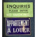 An old French blue enamel 'Apartement a Louer' (ap